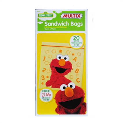 MULTIX SESAME STREET PK20 RESEALABLE SANDWICH BAGS ELMO 18cm x 17cm